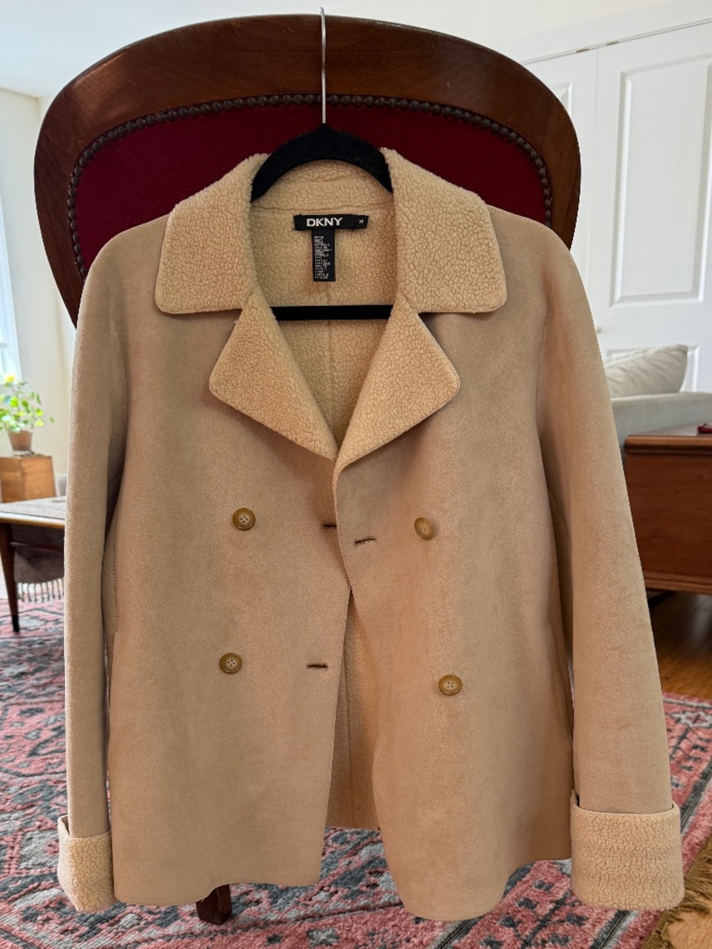 DKNY Cream Faux Suede & Sherpa Shearling Double-Breasted Jacket - M